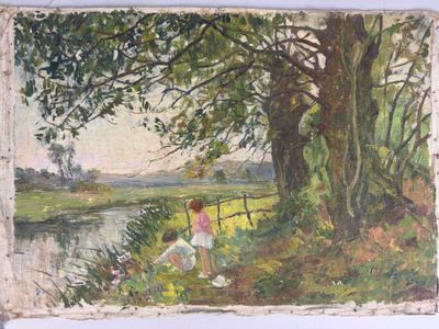 un tableau représentant deux enfants jouant au bord de l'eau