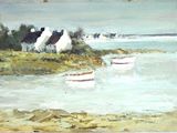 un tableau représentant des bateaux sur l'eau, près du rivage