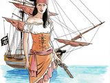 drawing of a woman in a pirate costume standing in front of a ship