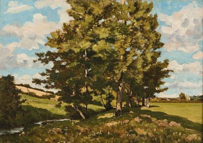 une image représentant un tableau d'un champ avec des arbres et un ruisseau