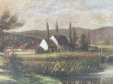 an oil painting of a farm scene with a stream running through it