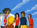 cartoon of a group of people standing in front of a blue sky