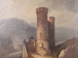 painting of a painting of a castle on a cliff with a mountain in the background