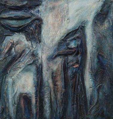 une peinture abstraite représentant un homme et une femme debout devant un bâtiment