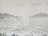 a painting of a man riding a surfboard in the ocean