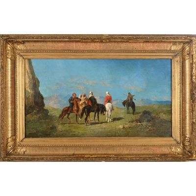 tableau représentant un groupe de personnes à cheval dans un paysage montagneux