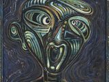 a painting of a man ' s face is shown in a wooden frame