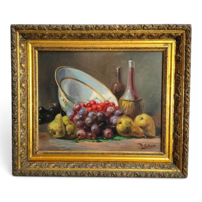painting of a still life of grapes, pears, pears, and a wine bottle on a table