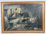 peinture à l'huile d'une scène de rue avec des bâtiments et des arbres