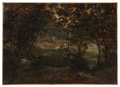 un tableau représentant un paysage boisé avec un ruisseau et des arbres