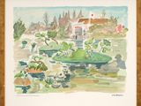 une aquarelle représentant une maison et un étang