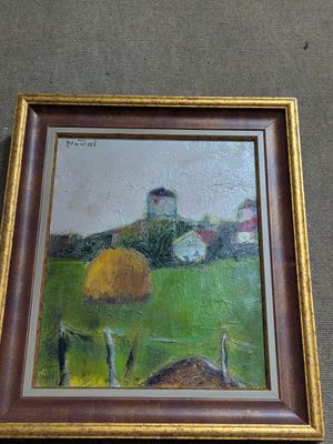 an oil painting of a farm scene with a barn in the background