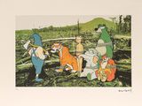a picture of a group of cartoon characters in the woods