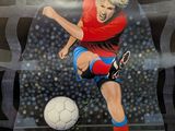 painting of a soccer player kicking a soccer ball in front of a stadium