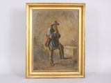 an oil painting of a man with a cane and a hat