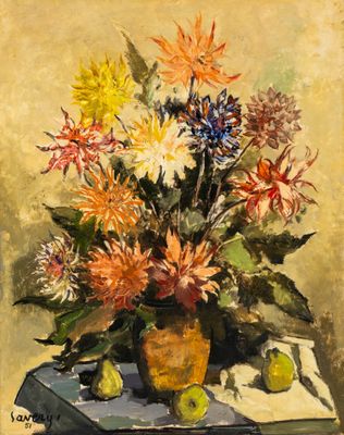 une peinture représentant un vase de fleurs et de fruits sur une table