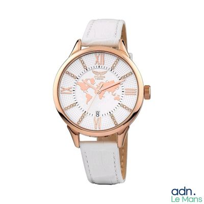 montre-bracelet pour femme avec bracelet en cuir blanc et cadran en or rose