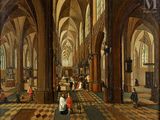 tableau représentant l'intérieur d'une église avec des personnes assises sur les bancs