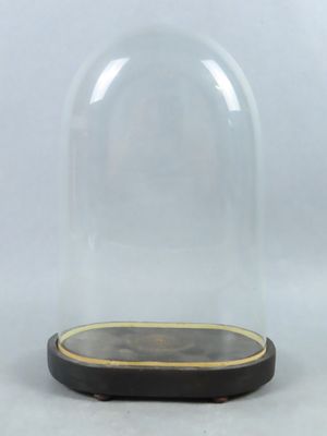 une image représentant un dôme en verre reposant sur un socle en bois, sur fond blanc