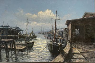 une peinture représentant une scène portuaire avec des bateaux dans l'eau