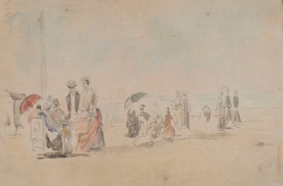 un dessin représentant un groupe de personnes sur la plage