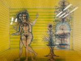 tableau représentant une femme debout dans une pièce, avec une plante devant elle