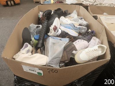 a cardboard box filled with shoes and other items