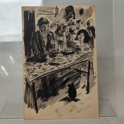 un vieux dessin représentant un chat assis sur une table devant un groupe de personnes