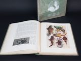 a book open on a black table with a picture of animals
