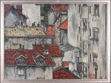 painting of a view of a city with red roofs and white buildings