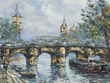 painting of a painting of a bridge over a river with a clock tower in the background