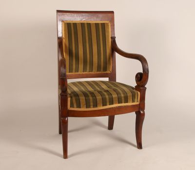 an image of a wooden chair with a striped upholstered seat