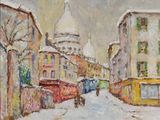 une peinture à l'huile représentant une rue enneigée, avec des bâtiments et un dôme en arrière-plan