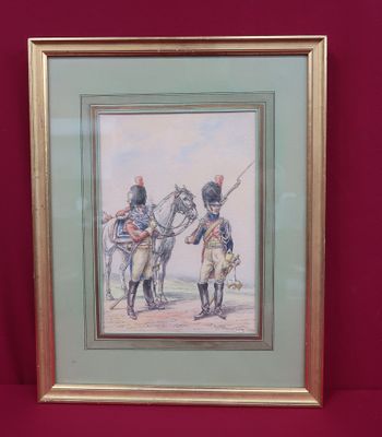 framed picture of a painting of two men in uniforms on a horse