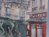 painting of a street scene with a red phone booth in the middle of the street