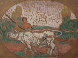 a painting of a man riding a horse with a dog on it