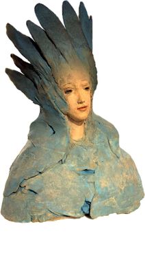 a statue of a woman with a bird on her head