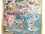une peinture à l'huile représentant des bateaux dans un port avec des bâtiments à l'arrière-plan
