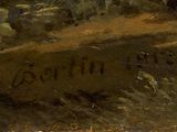 an image of a painting of a bench in the woods