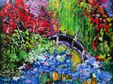 une peinture représentant une peinture d'un pont enjambant une rivière