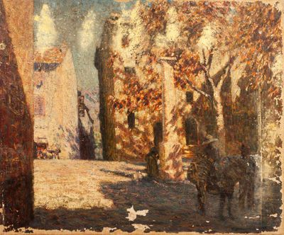 une peinture à l'huile représentant une scène de rue avec un chat et un chien