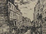a drawing of a city street with buildings on both sides of it