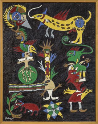 a painting of a group of animals and people on a black background