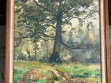 une peinture à l'huile représentant un grand chêne dans un champ verdoyant