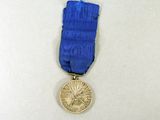 a blue ribbon with a gold medal on it