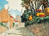 dessin représentant une rue avec des maisons et des arbres en arrière-plan