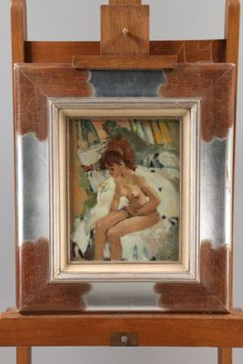 an image of a painting of a woman sitting on top of a wooden easel