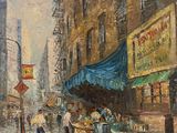 painting of a city street scene with people walking down the street