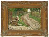 an image of a painting of a donkey laying down on the side of a road