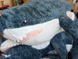 un grand requin en peluche posé sur le dossier d'une chaise